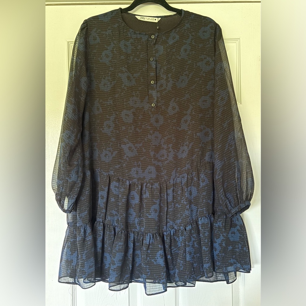 Zara Blue Floral Long Sleeve Dress NWT Color: Blue / Black * Size: L
